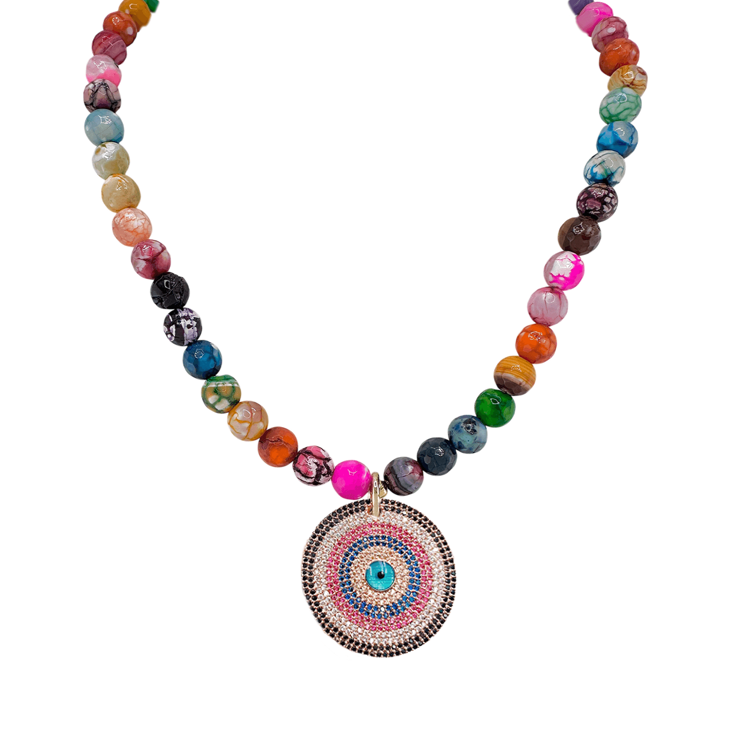 Love Lisa Scarlett fire agate gemstone evil eye necklace in rainbow beads
