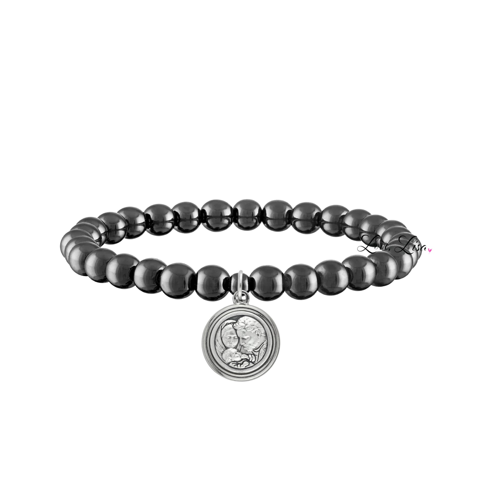 catholic medal saint beaded bracelet holy family gunmetal bracelet religious charm jewelry by love lisa