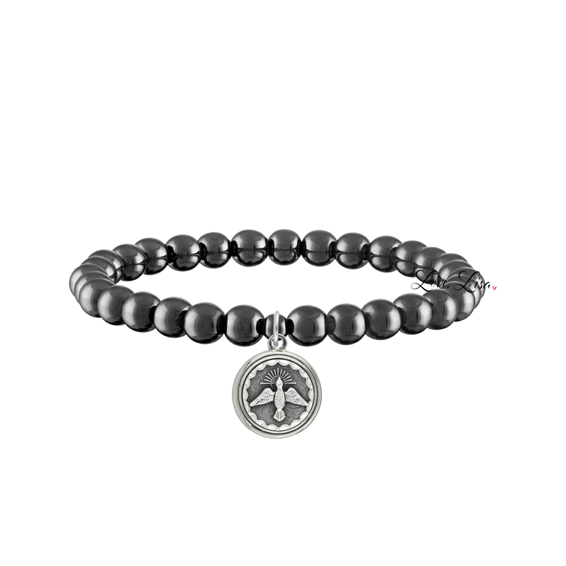 catholic medal saint beaded bracelet holy spirit gunmetal bracelet divine guidance jewelry by love lisa