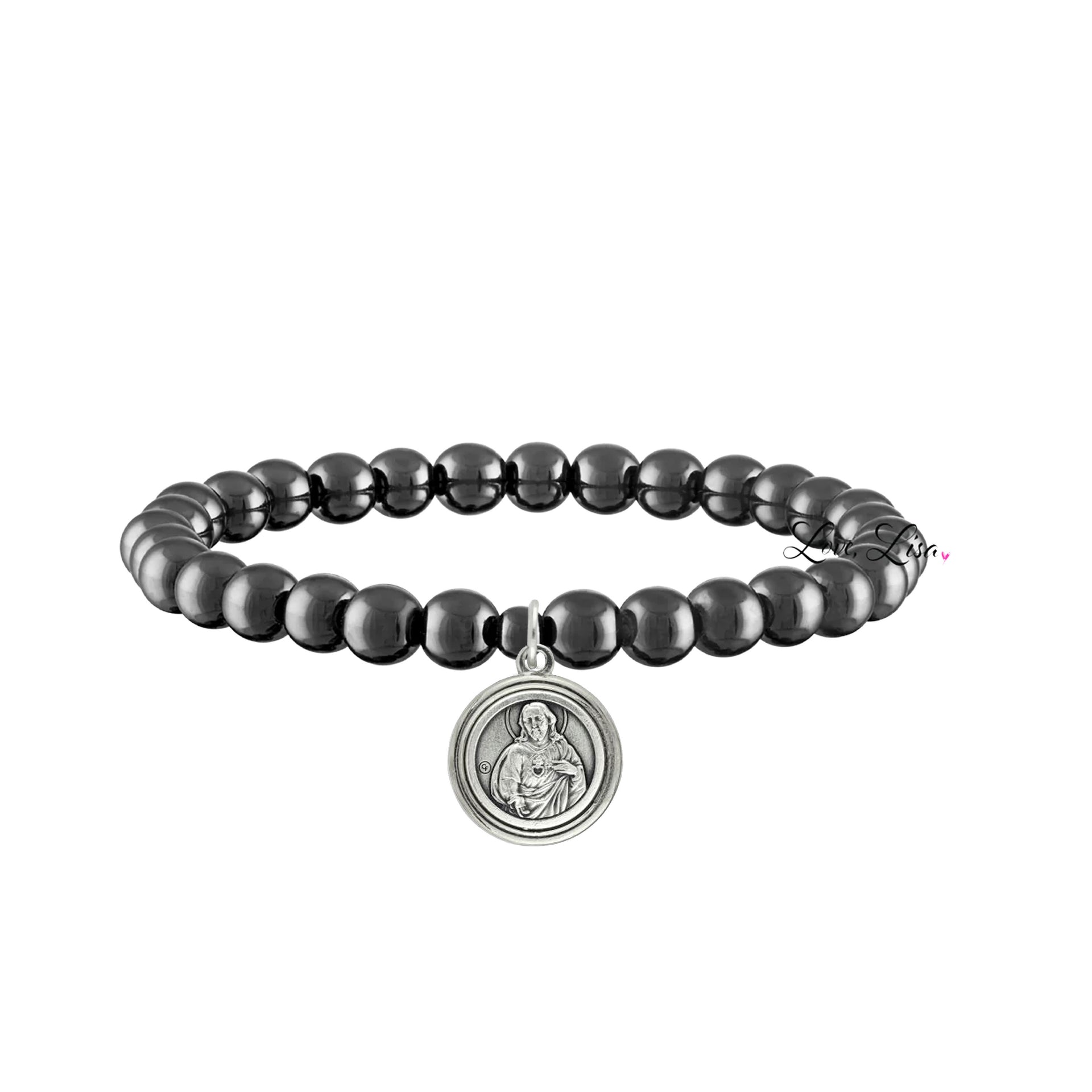 catholic medal saint beaded bracelet jesus gunmetal bracelet religious medal charm by love lisa