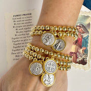 catholic medal saint beaded bracelet stacked gold and silver saint bracelets worn on wrist by love lisa jewelry