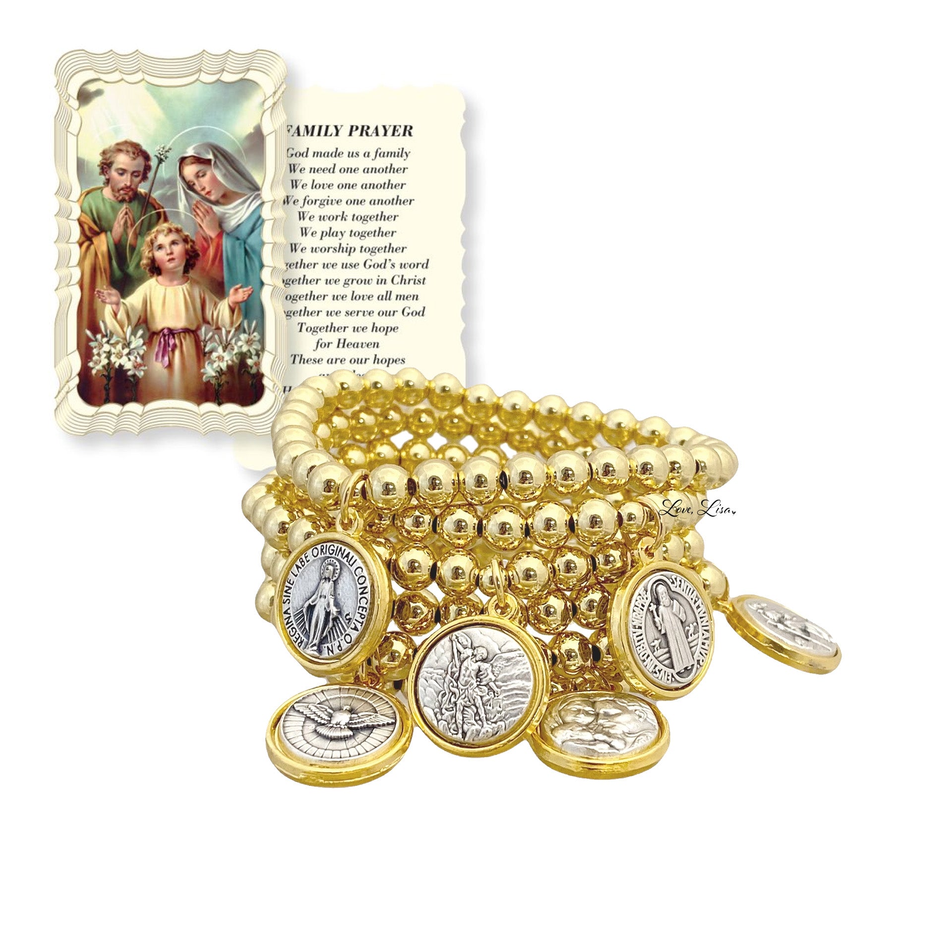 catholic medal saint beaded bracelet with prayer card gold bracelet catholic jewelry by love lisa