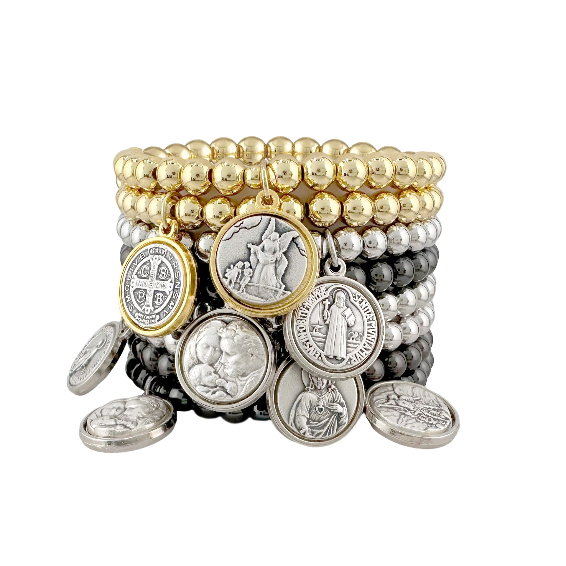 catholic medal saint beaded bracelets gold silver and gunmetal faith jewelry stack by love lisa
