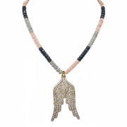 Celeste Angel Wing Ceramic Beaded Necklace in Blush Glow with soft blush ceramic rondelle beads and oversized crystal angel wing pendant