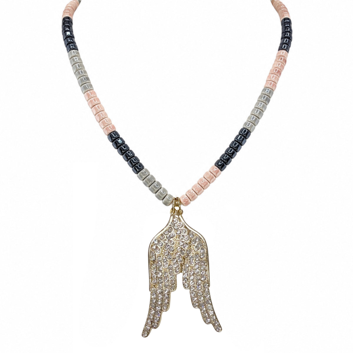Celeste Angel Wing Ceramic Beaded Necklace in Blush Glow with soft blush ceramic rondelle beads and oversized crystal angel wing pendant