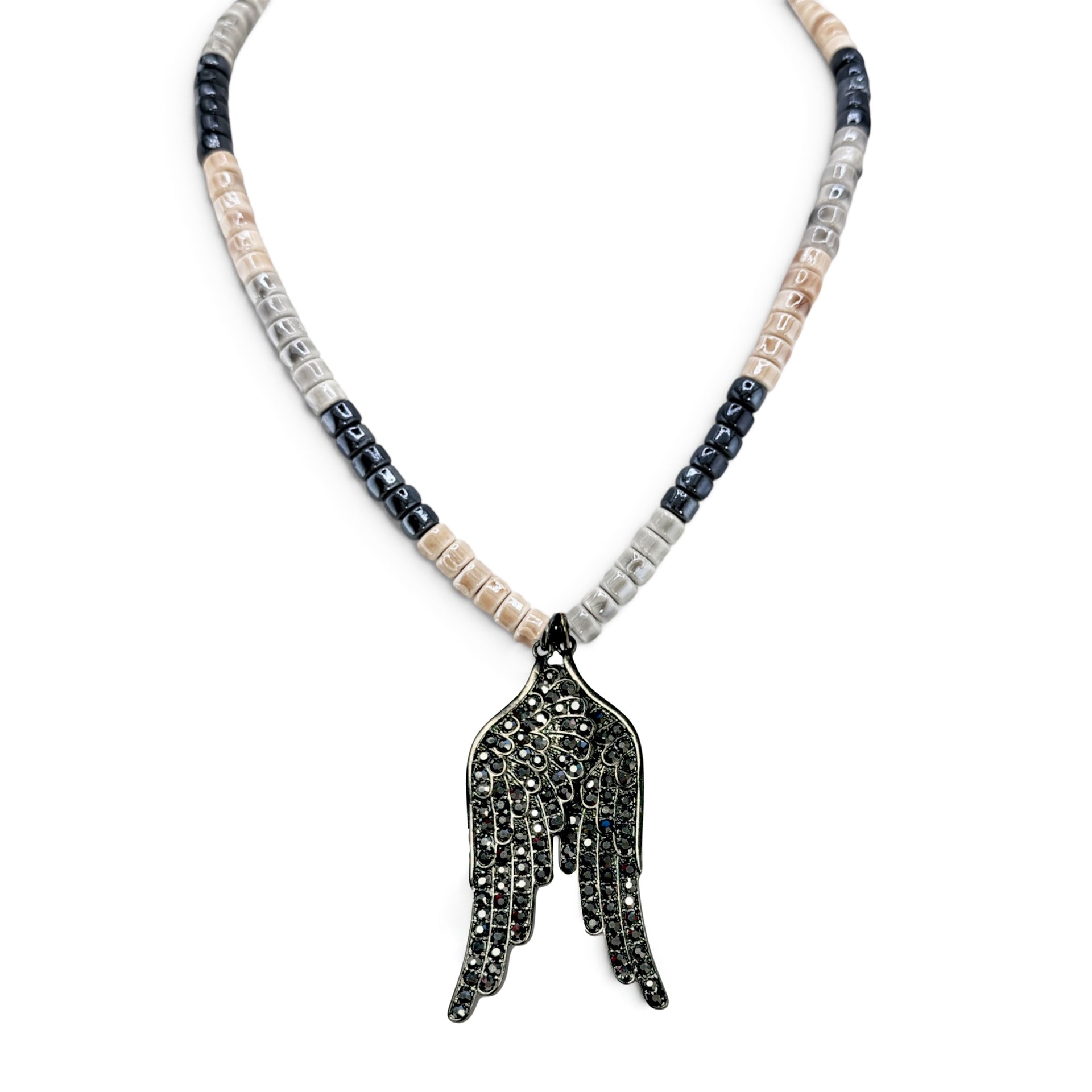 Love Lisa Celeste Angel Wing Ceramic Beaded Necklace in Smokey Neutral with glossy ceramic beads and gunmetal crystal angel wing pendant