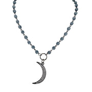  gunmetal moon necklace on blue and clear beads