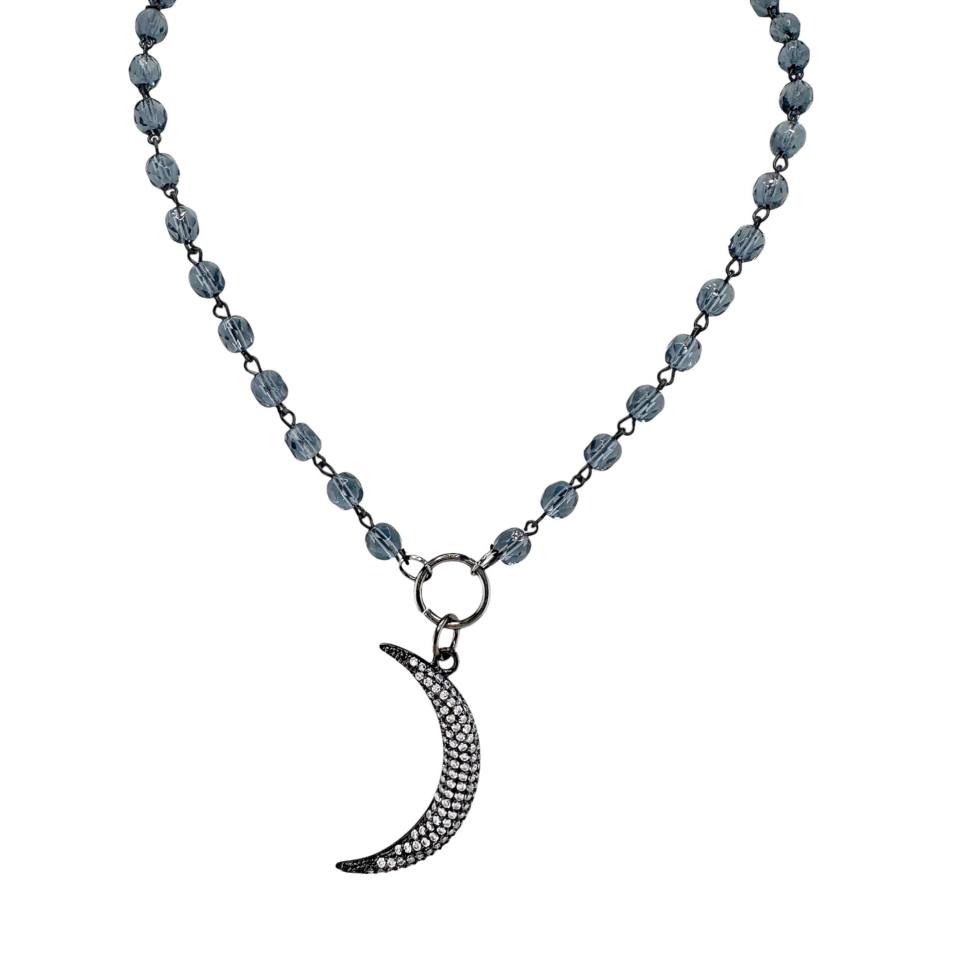 gunmetal moon necklace on blue and clear beads