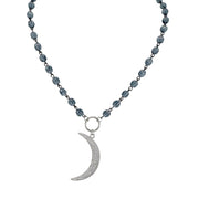  Silver moon necklace on blue and clear beads