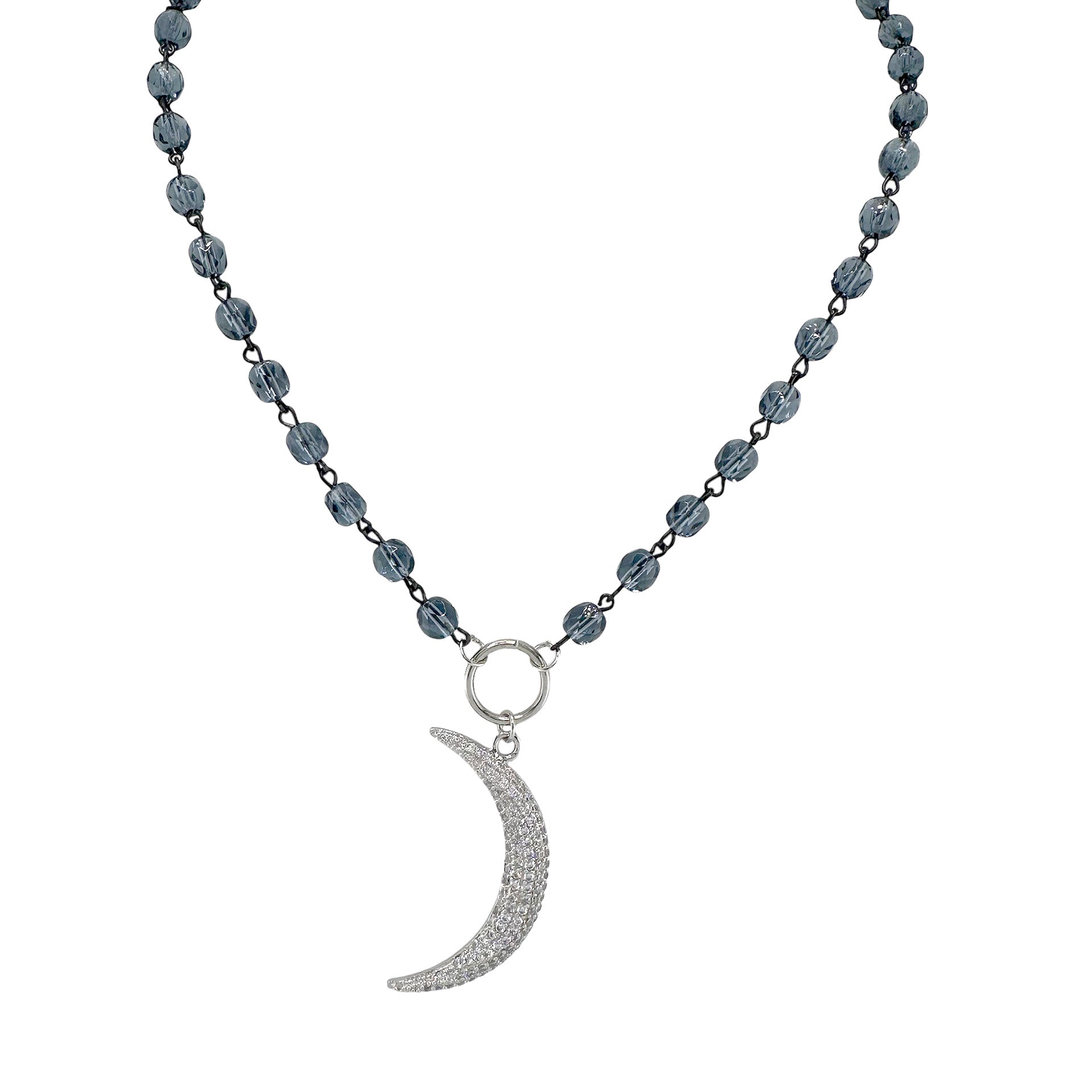  Silver moon necklace on blue and clear beads