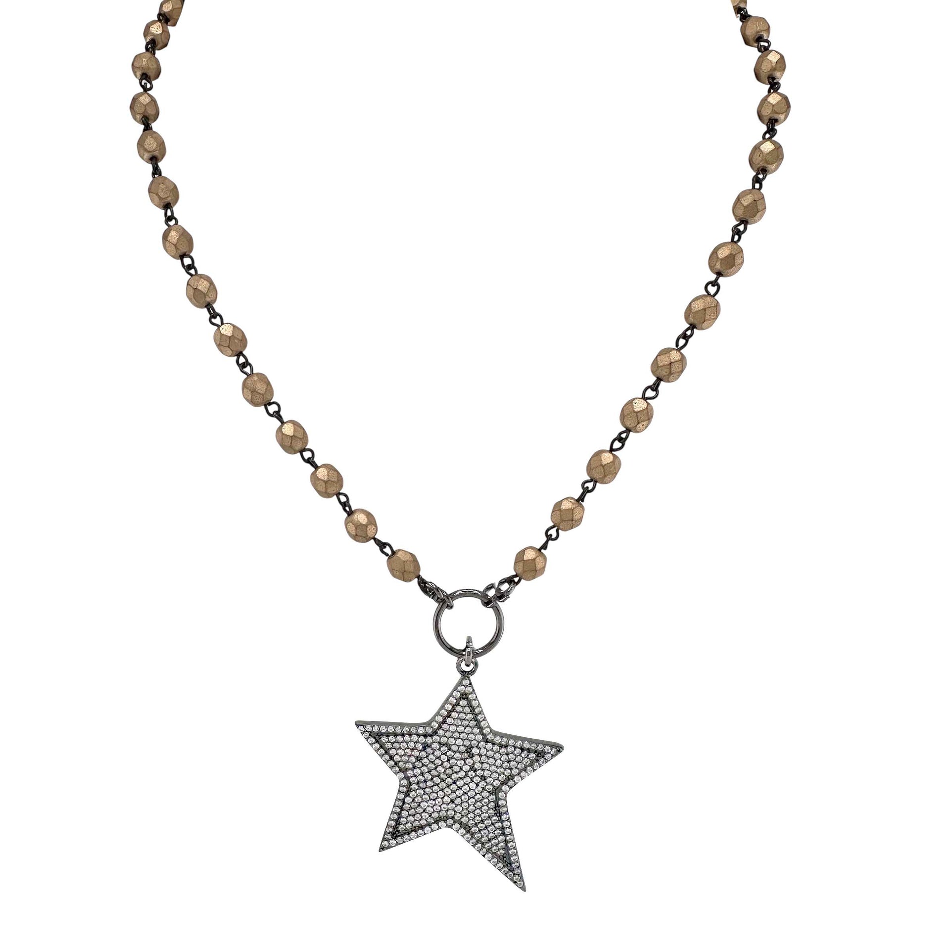 gold and gunmetal beaded necklace with star charm