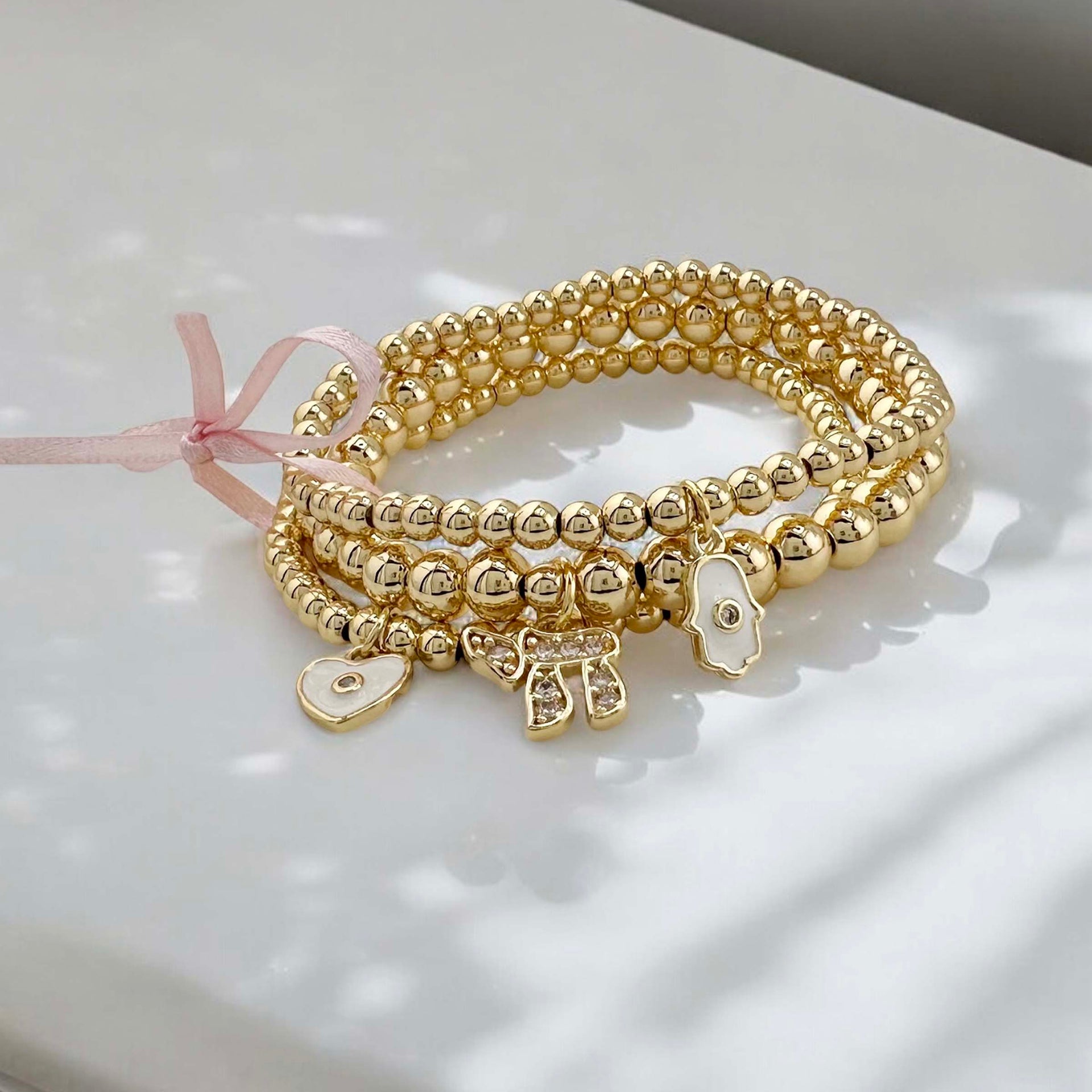 chai evil eye hamsa charm bracelet stack white enamel accents