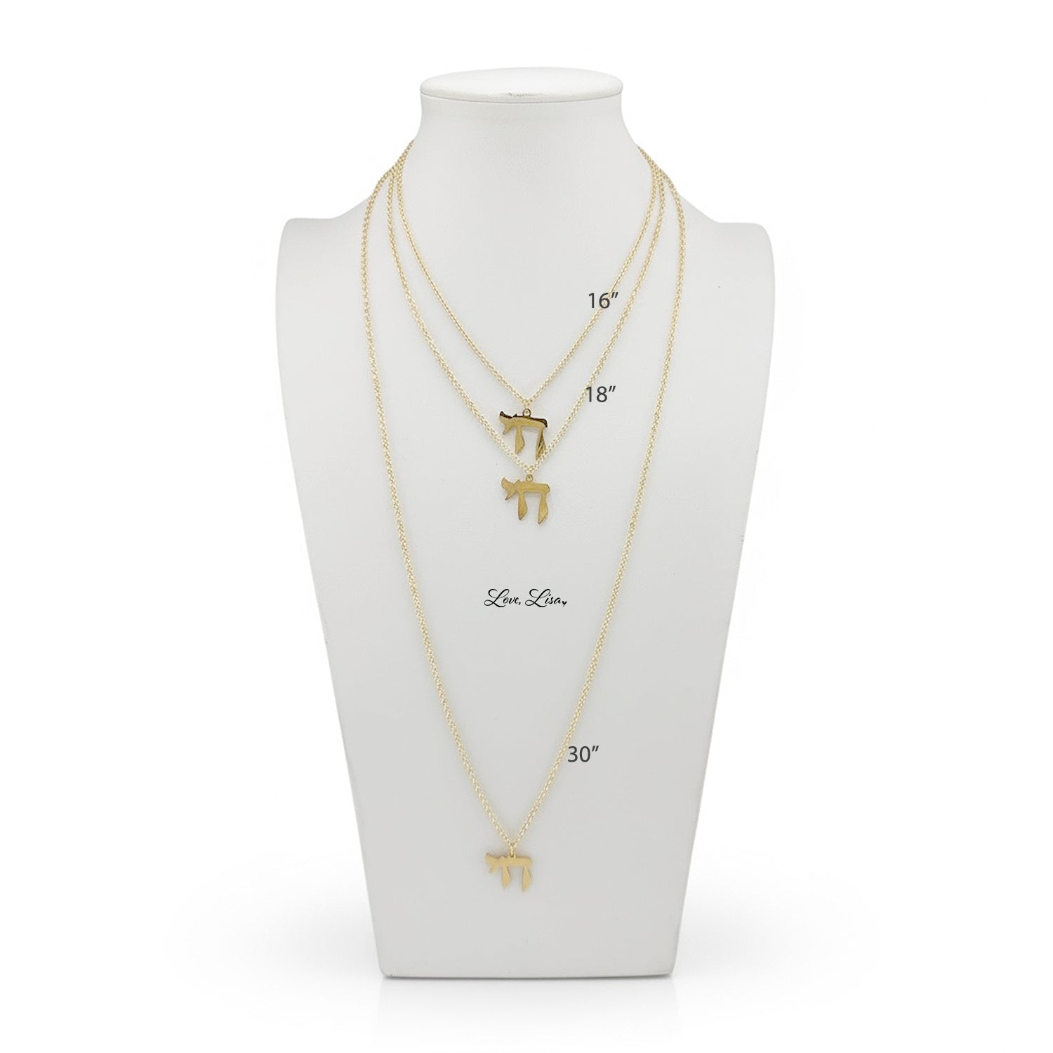 love lisa chai pendant necklace layered gold and silver chai symbol necklaces on display with size lengths