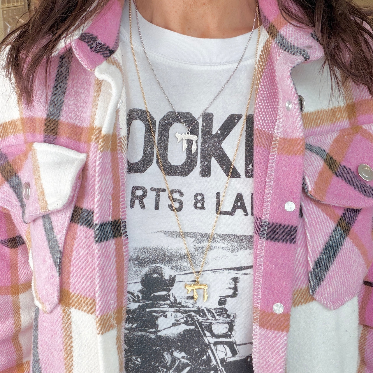 love lisa chai pendant necklace gold on model layered chai symbol necklace cultural jewelry