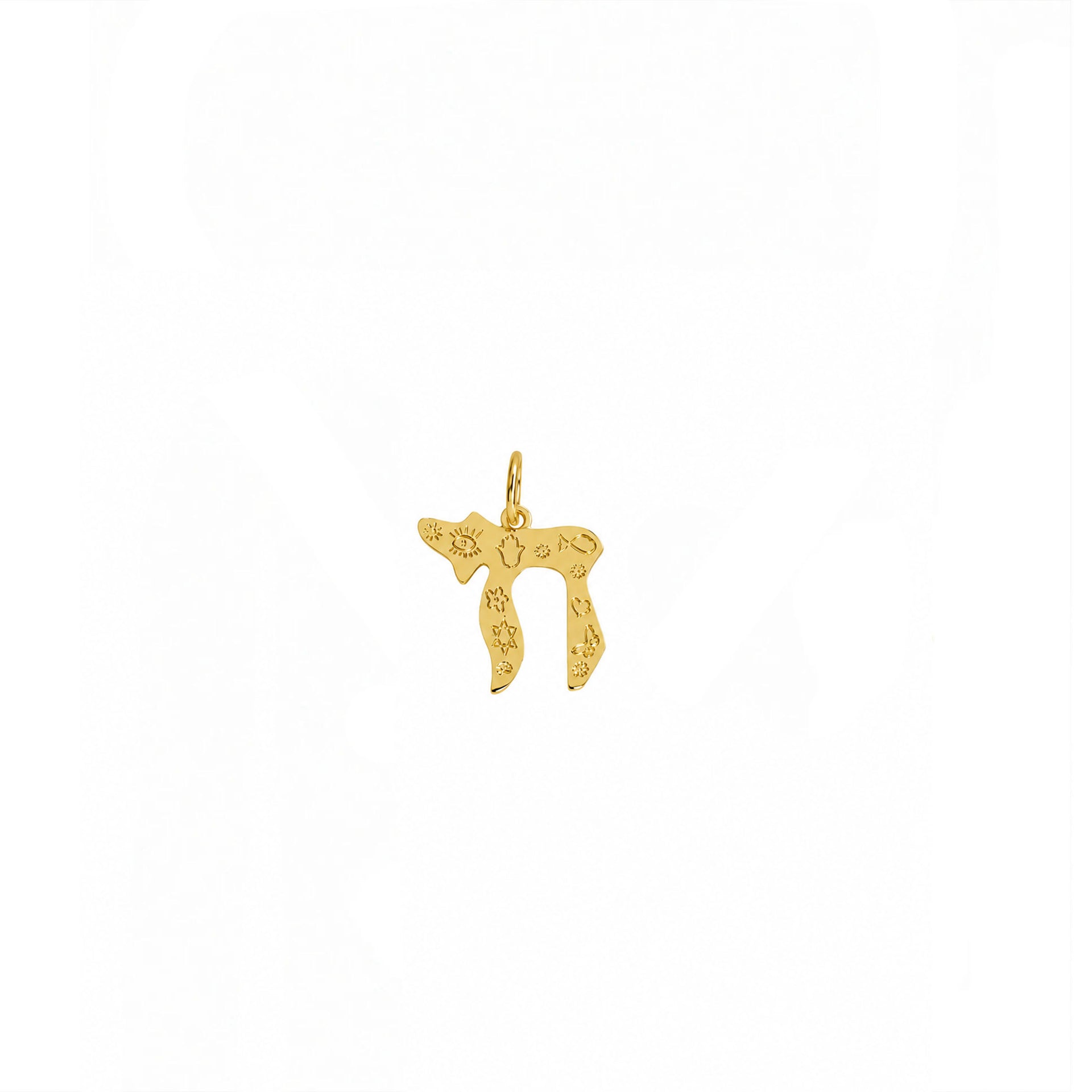 Love Lisa Chai to Life charm in gold with engraved evil eye Hamsa Star of David and heart symbols
