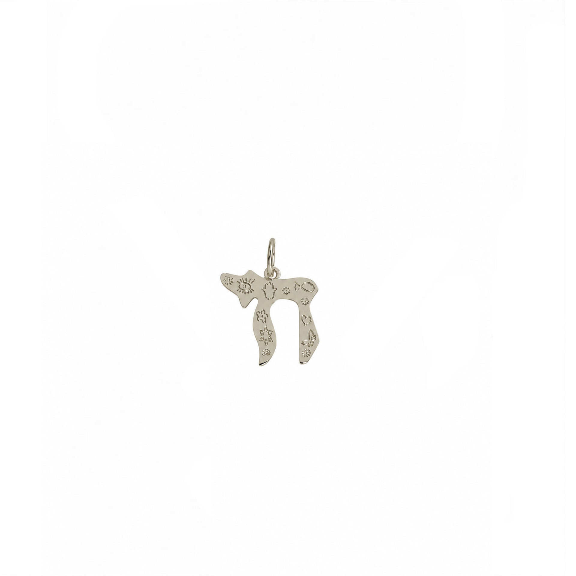 silver Chai to Life charm with engraved evil eye Hamsa Star of David and heart symbols