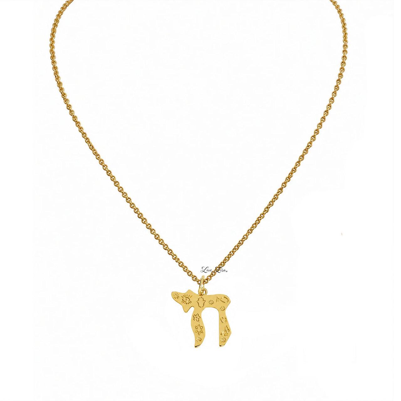 Love Lisa Chai to Life necklace in gold with engraved evil eye Hamsa Star of David and heart symbols on Chai pendant