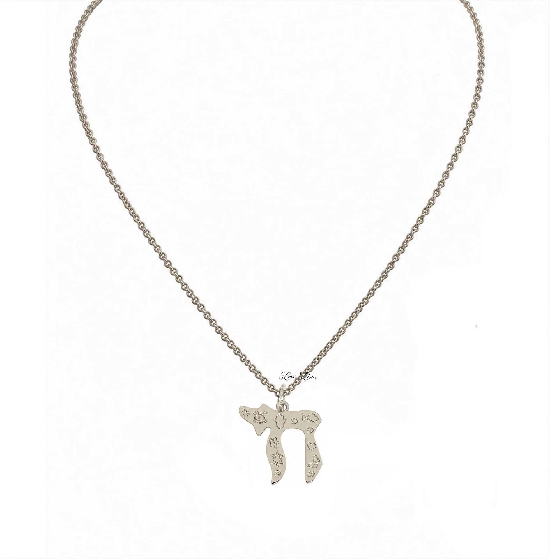 silver Chai to Life necklace with engraved evil eye Hamsa Star of David and heart symbols on Chai pendant