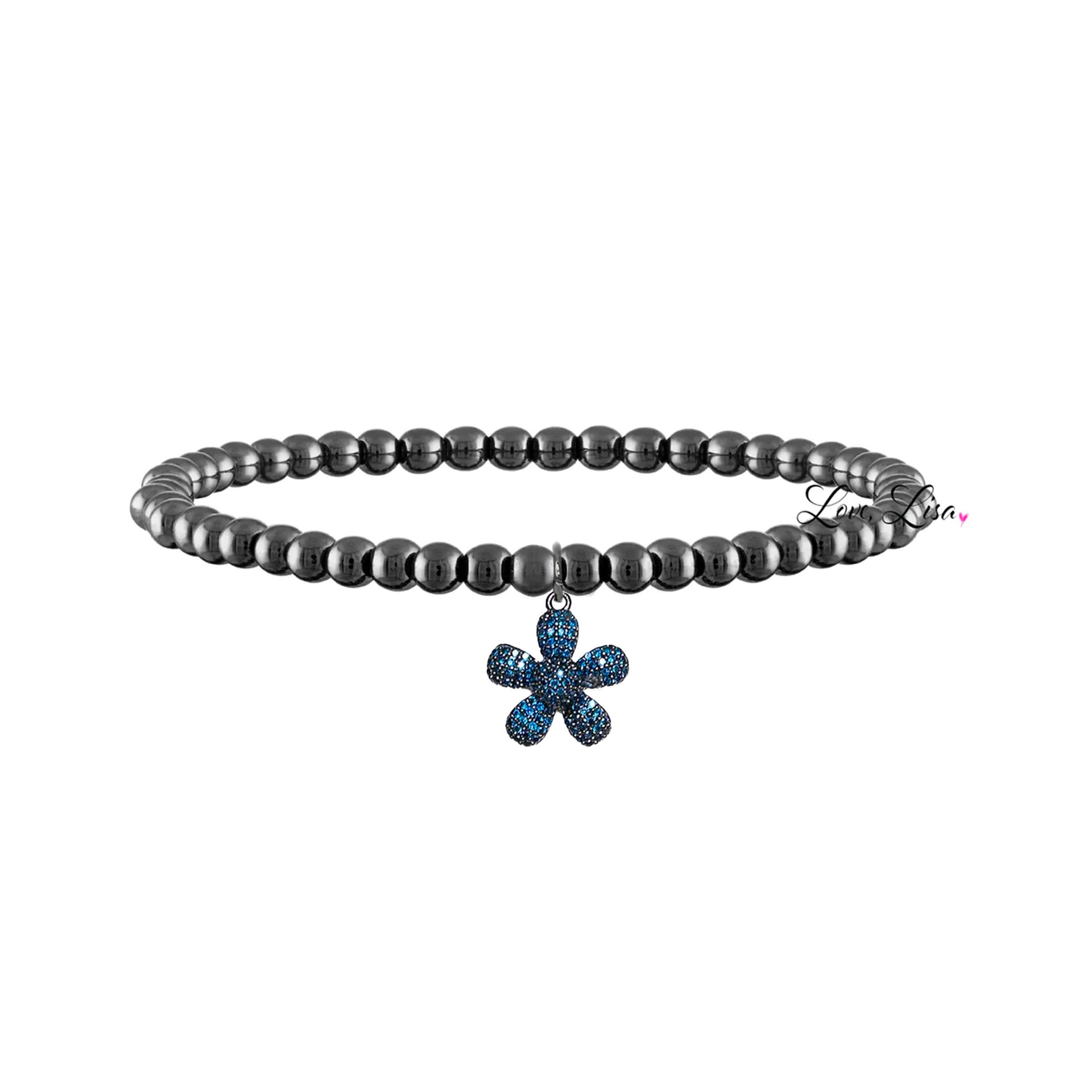 gunmetal stretch bracelet with blue flower charm love lisa