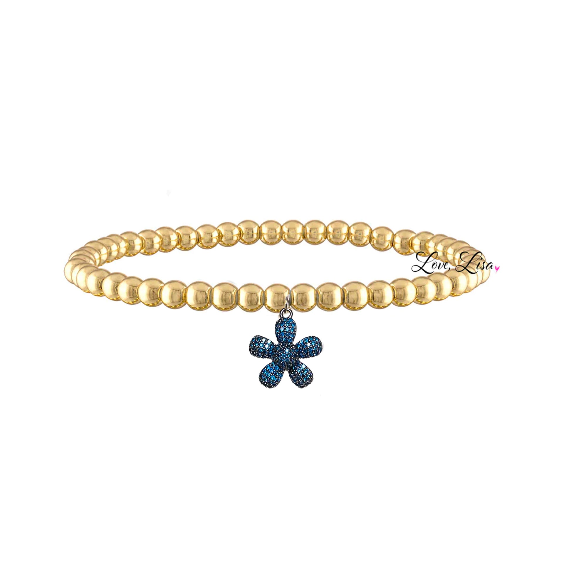 gold stretch bracelet with blue flower charm love lisa