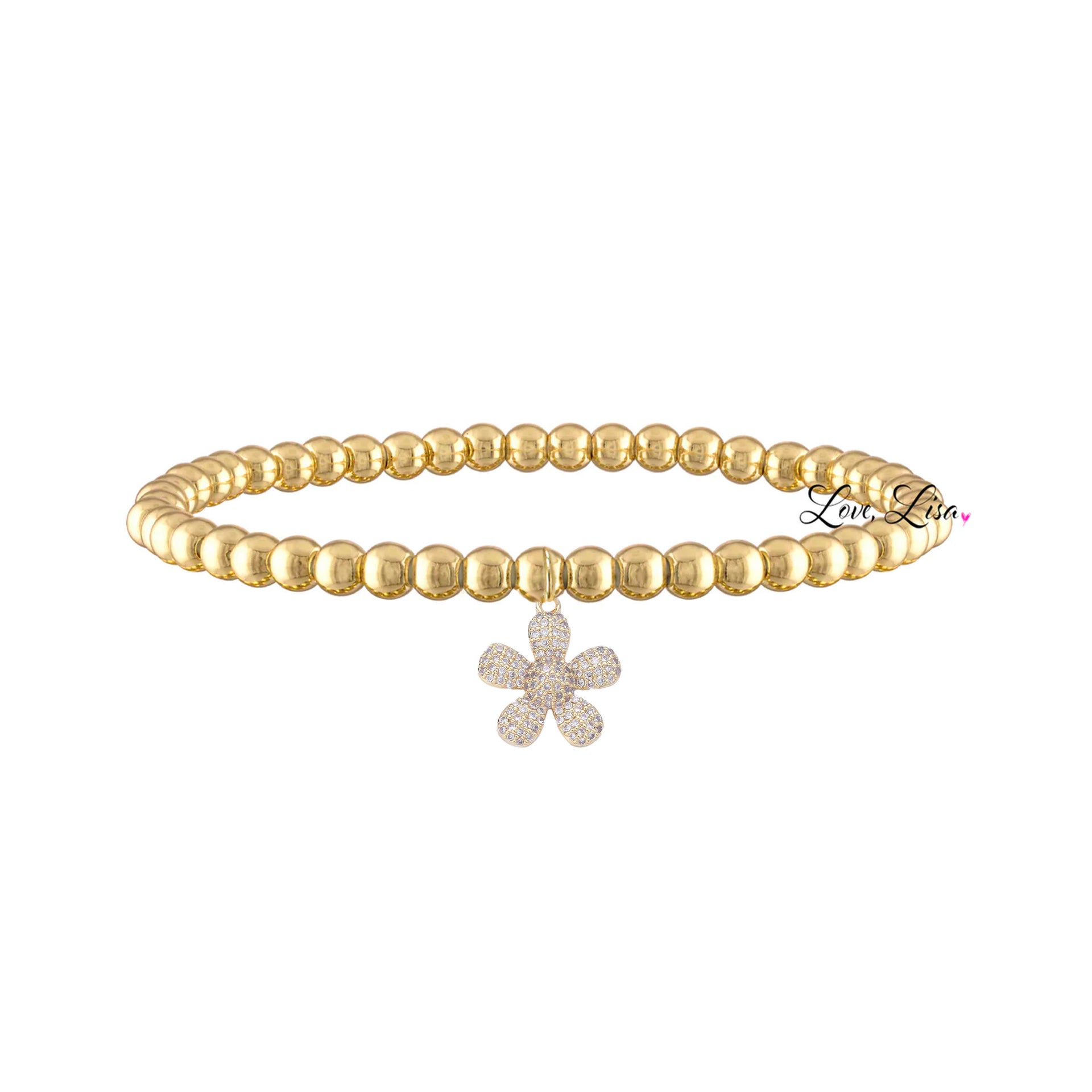 gold stretch bracelet with gold flower charm love lisa