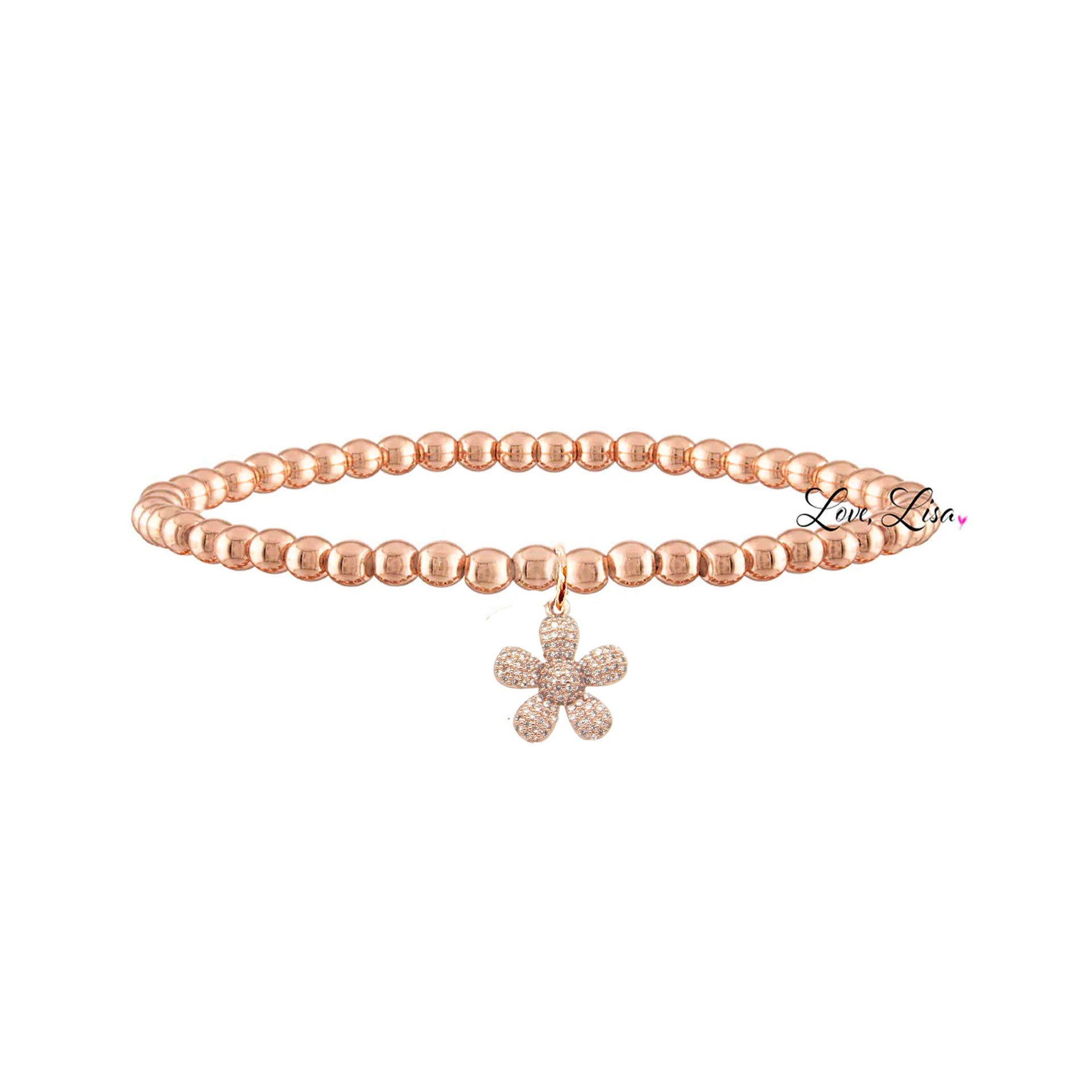 rose gold stretch bracelet with rose gold flower charm love lisa
