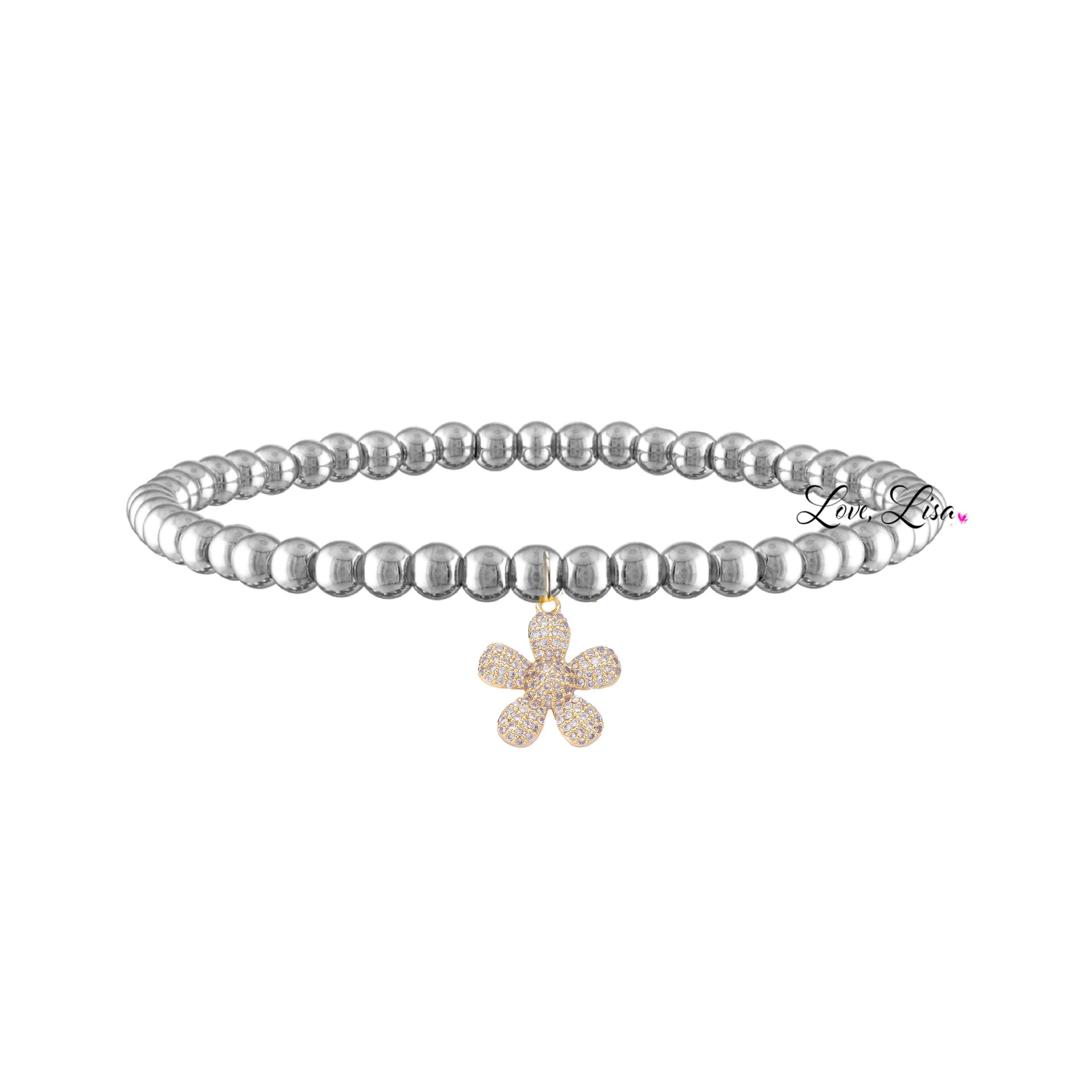 silver stretch bracelet with gold flower charm love lisa