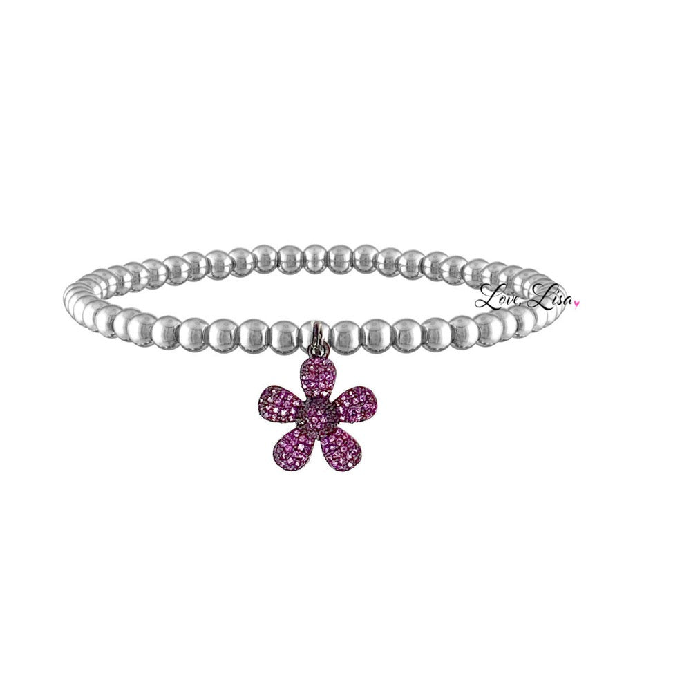 silver beaded bracelet with pink flower charm love lisa