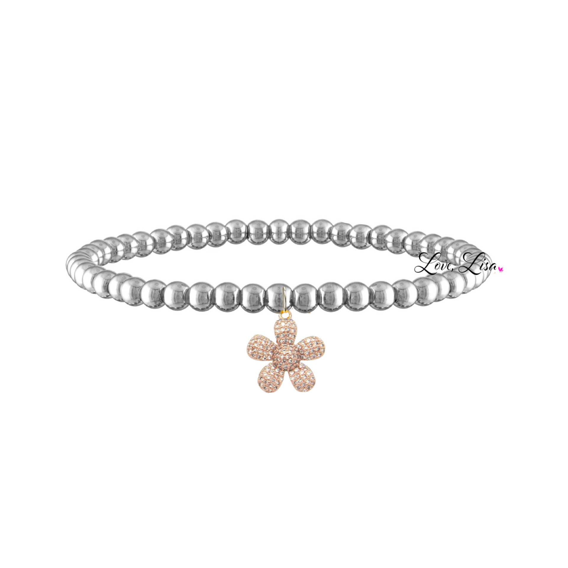 silver bracelet with rose gold flower charm love lisa