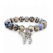 Chaya Chai & Star of David Gemstone Bracelet with navy and ivory fossil gemstone beads, silver-tone engraved Chai pendant, and Star of David charm