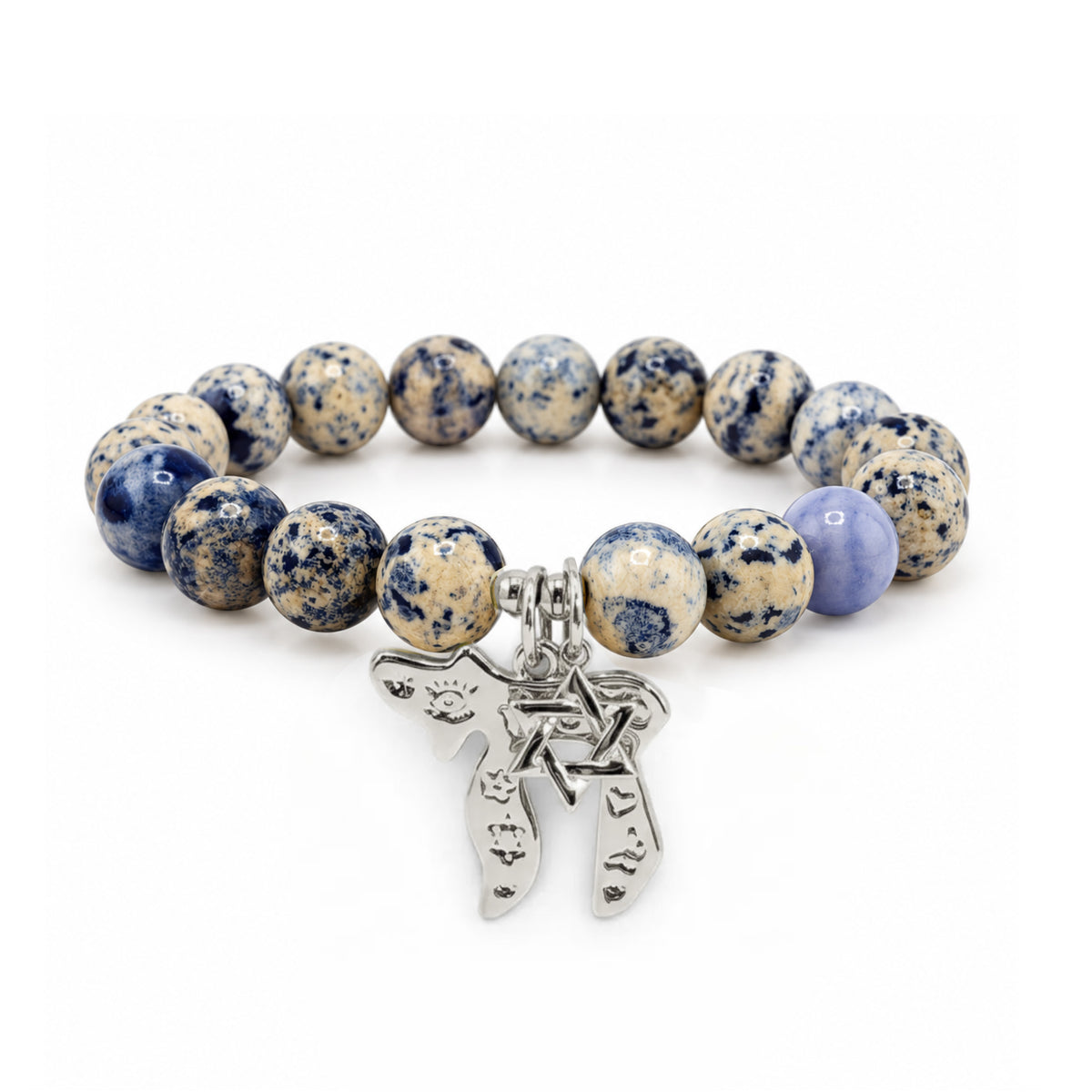 Chaya Chai & Star of David Gemstone Bracelet with navy and ivory fossil gemstone beads, silver-tone engraved Chai pendant, and Star of David charm