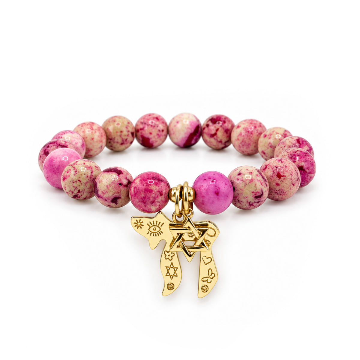 A beaded stretch bracelet made of pink and white marbled round beads with a gold-tone Star of David charm, photographed on a clean white background.