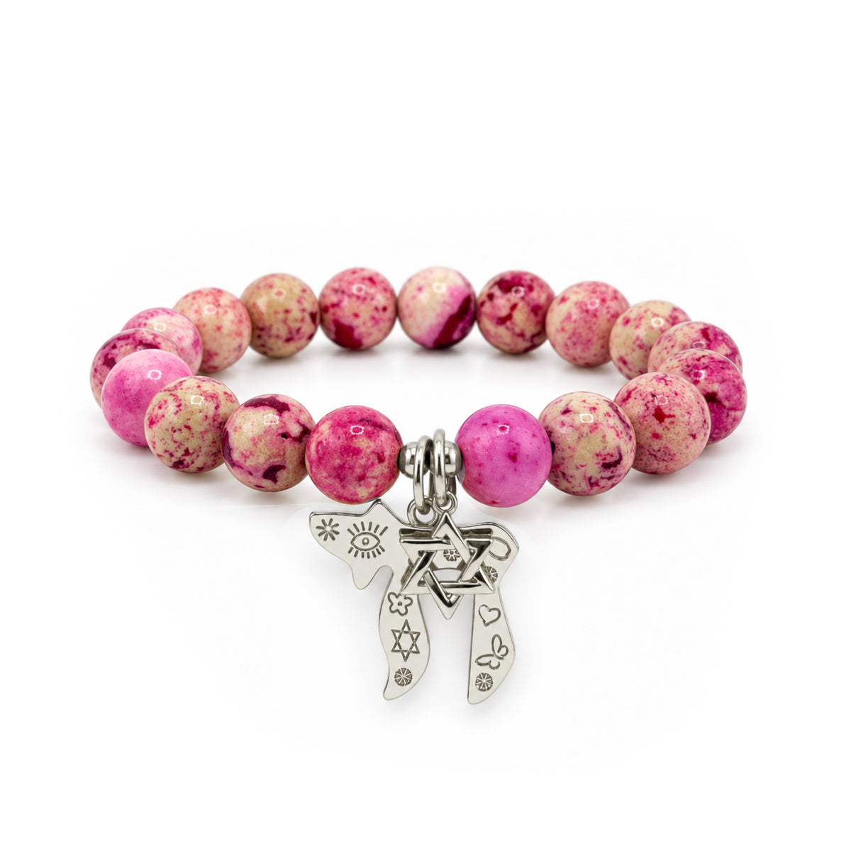 Chaya Chai & Star of David Gemstone Bracelet with pink fossil gemstone beads, silver-tone engraved Chai pendant, and Star of David charm
