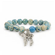 Love Lisa Chaya Chai & Star of David Gemstone Bracelet in silver finish with blue fossil gemstone beads and Judaica charms