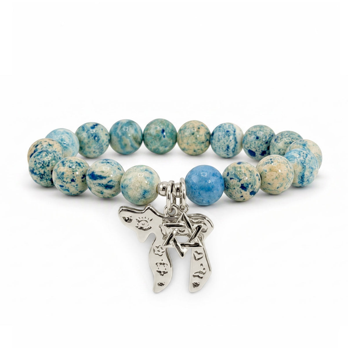 Love Lisa Chaya Chai & Star of David Gemstone Bracelet in silver finish with blue fossil gemstone beads and Judaica charms