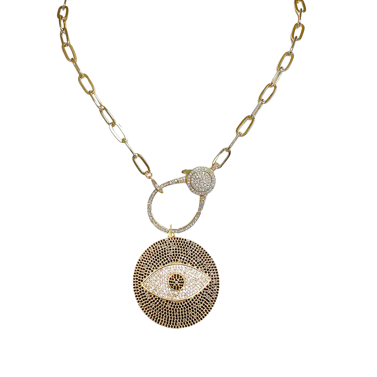 Chloe Evil Eye Charm in gold pavé crystals with oversized round design on Andrea Clasp Necklace