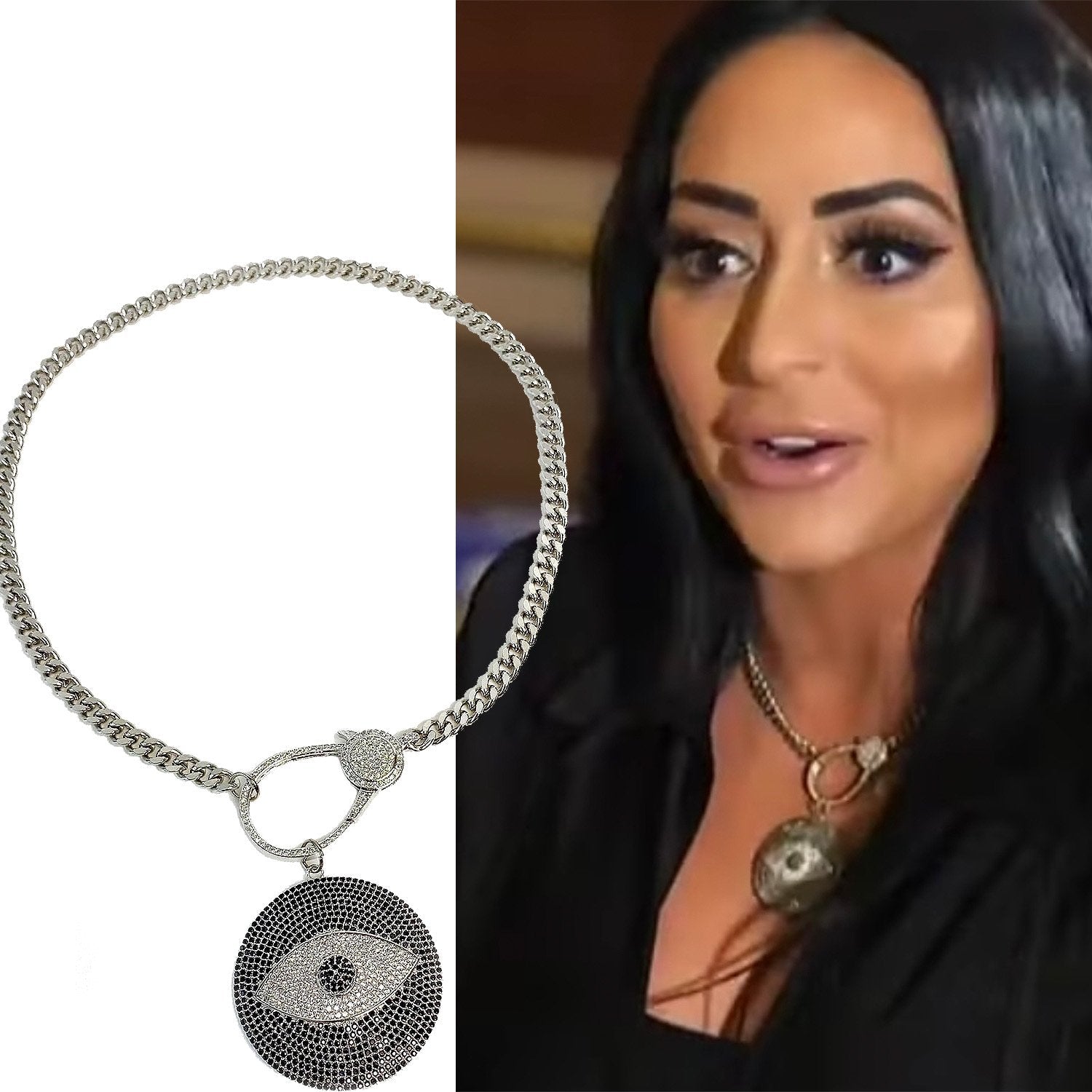 Angelina from Jersey Shore wearing Chloe Evil Eye Charm on silver Love Lisa clasp necklace