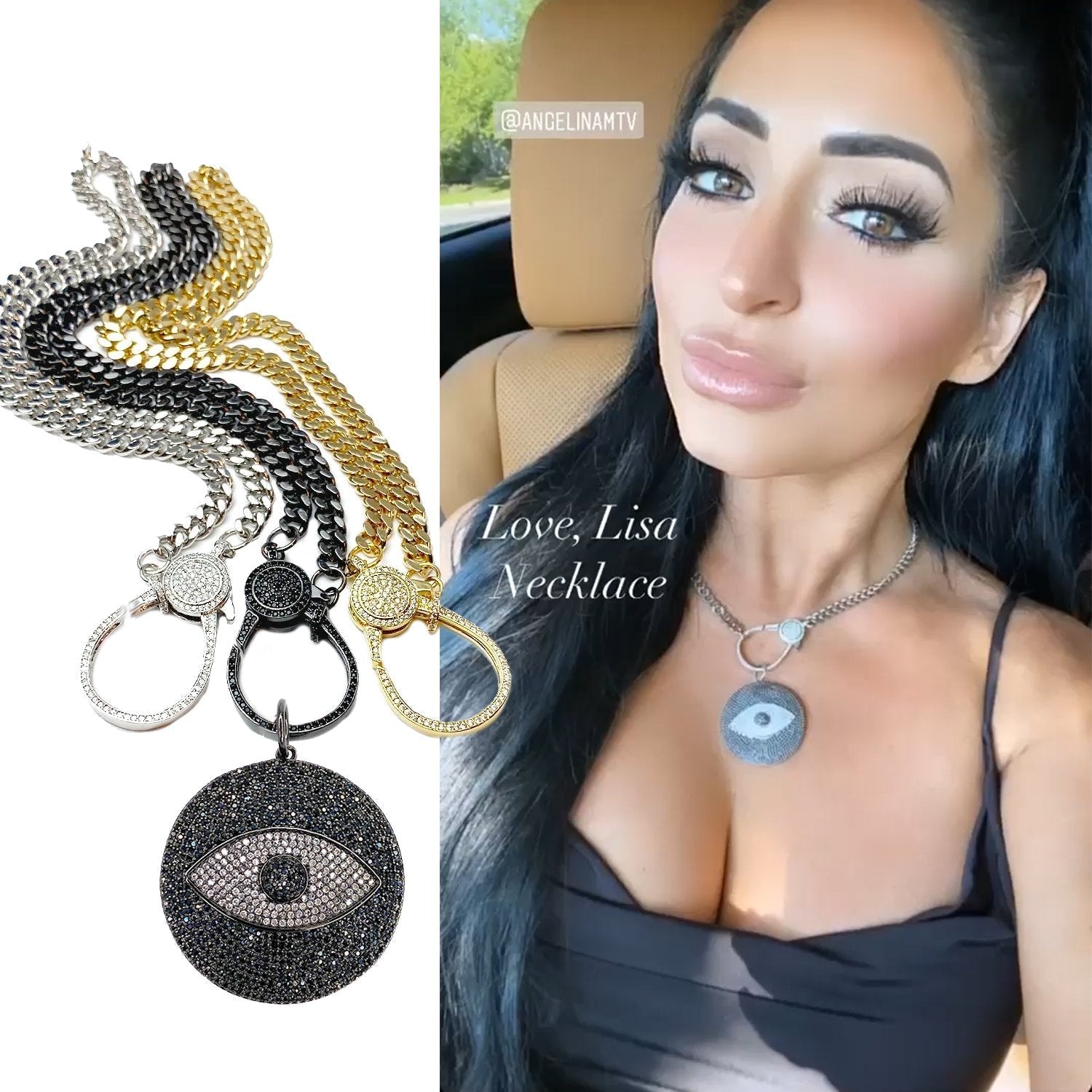 Angelina from Jersey Shore wearing Chloe Evil Eye Charm on silver Love Lisa clasp necklace