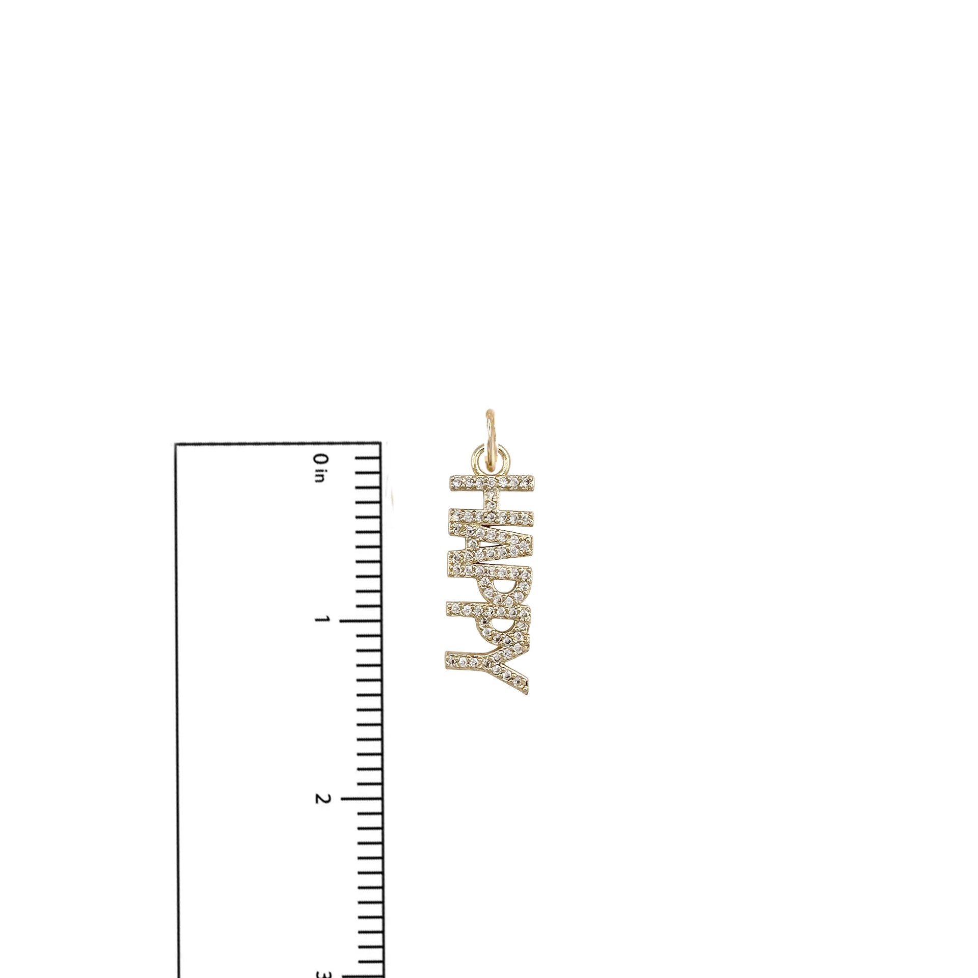 Size chart showing 1-inch Chloe Pave HAPPY Charm

