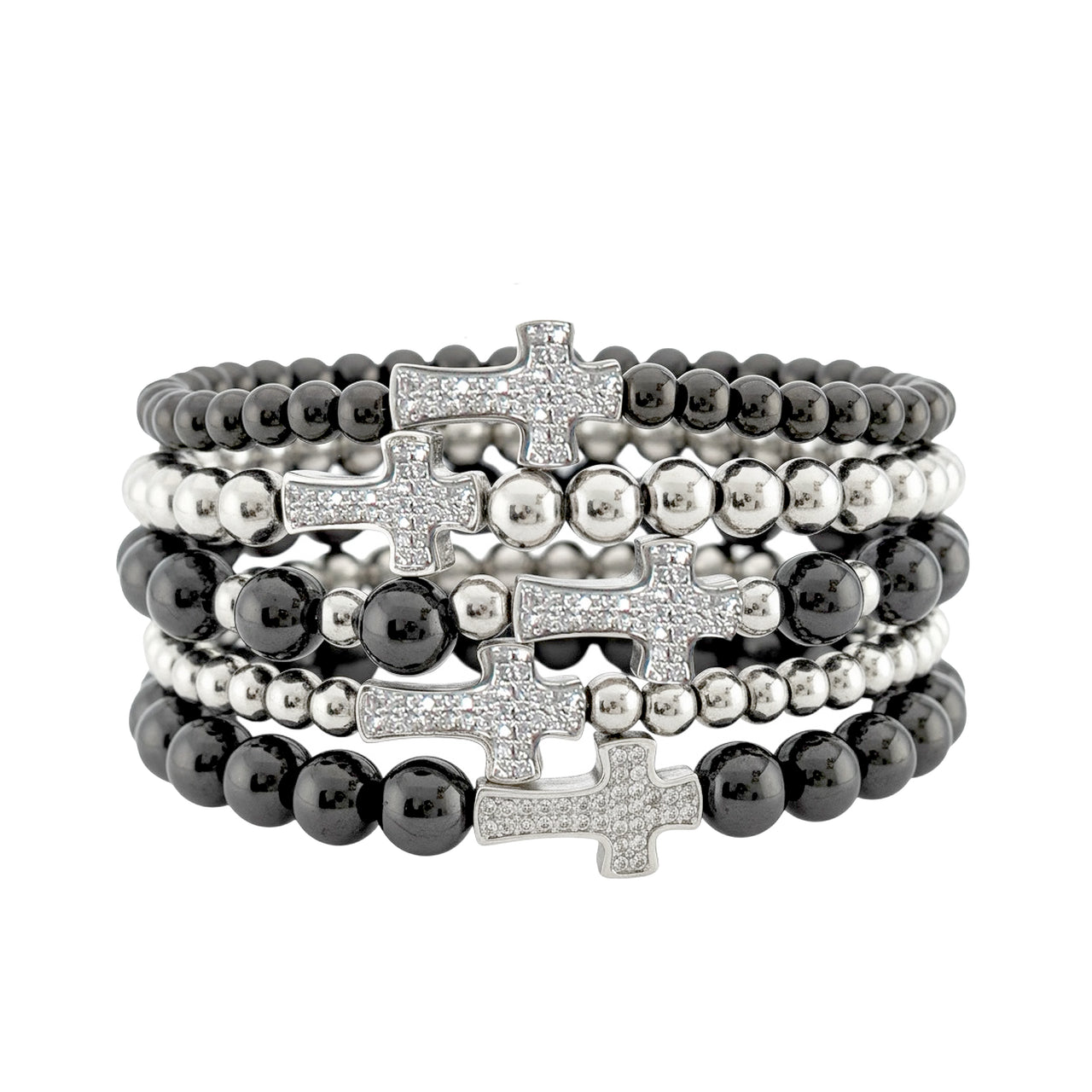 Christine cross bracelet stack gunmetal silver beaded stretch bracelet with pave cross charm modern faith jewelry