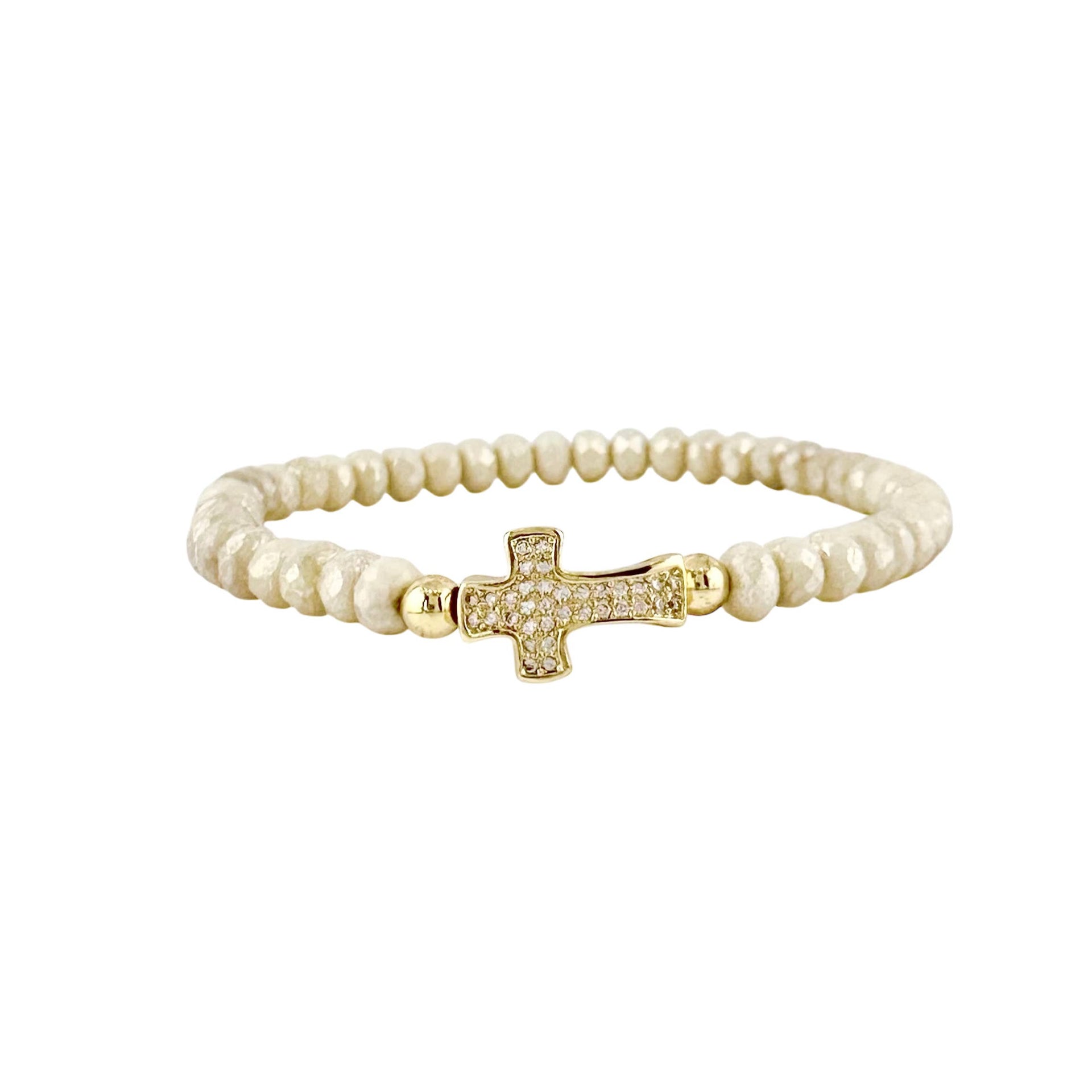christine sparkling cross beaded bracelet ivory and gold beads with cubic zirconia cross charm
