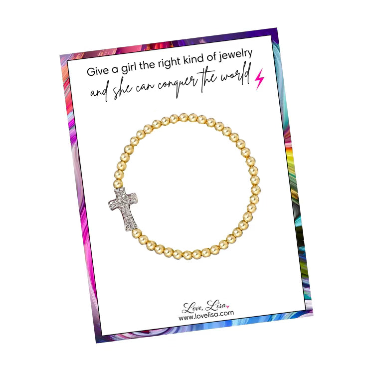 love lisa christine sparkling cross beaded bracelet gold brass beads with cubic zirconia cross charm show on packaging card