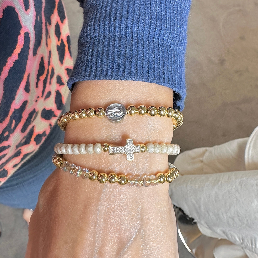 love lisa christine sparkling cross beaded bracelet stacked wrist style gold and silver beaded bracelets