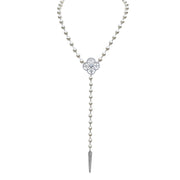 Pearl necklace with a silver clasp and pendant on a white background