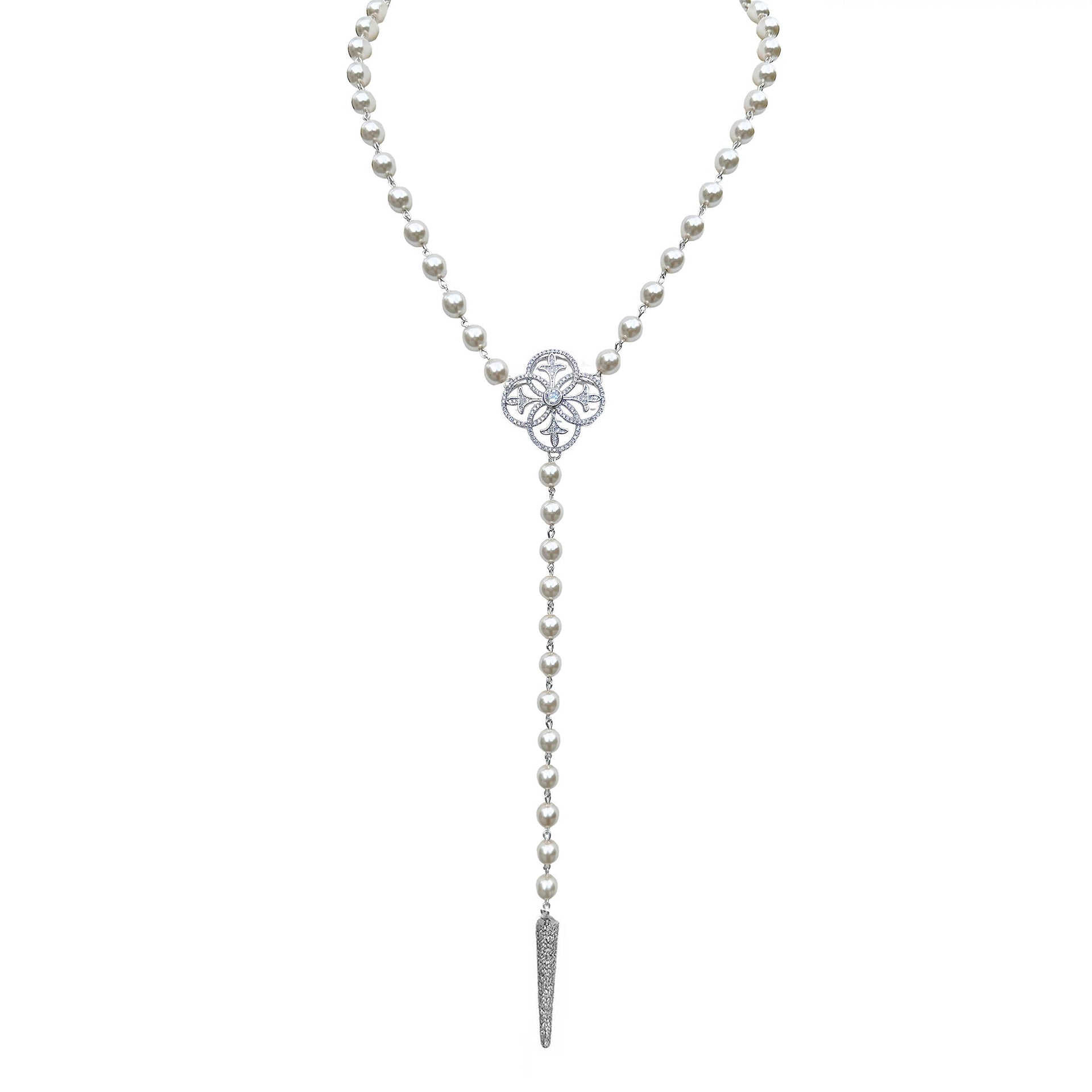 Pearl necklace with a silver clasp and pendant on a white background