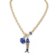Love Lisa Coastal Catch Fish Charm Necklace in blue with gold chain enamel fish charm crystal shell charm and evil eye accent