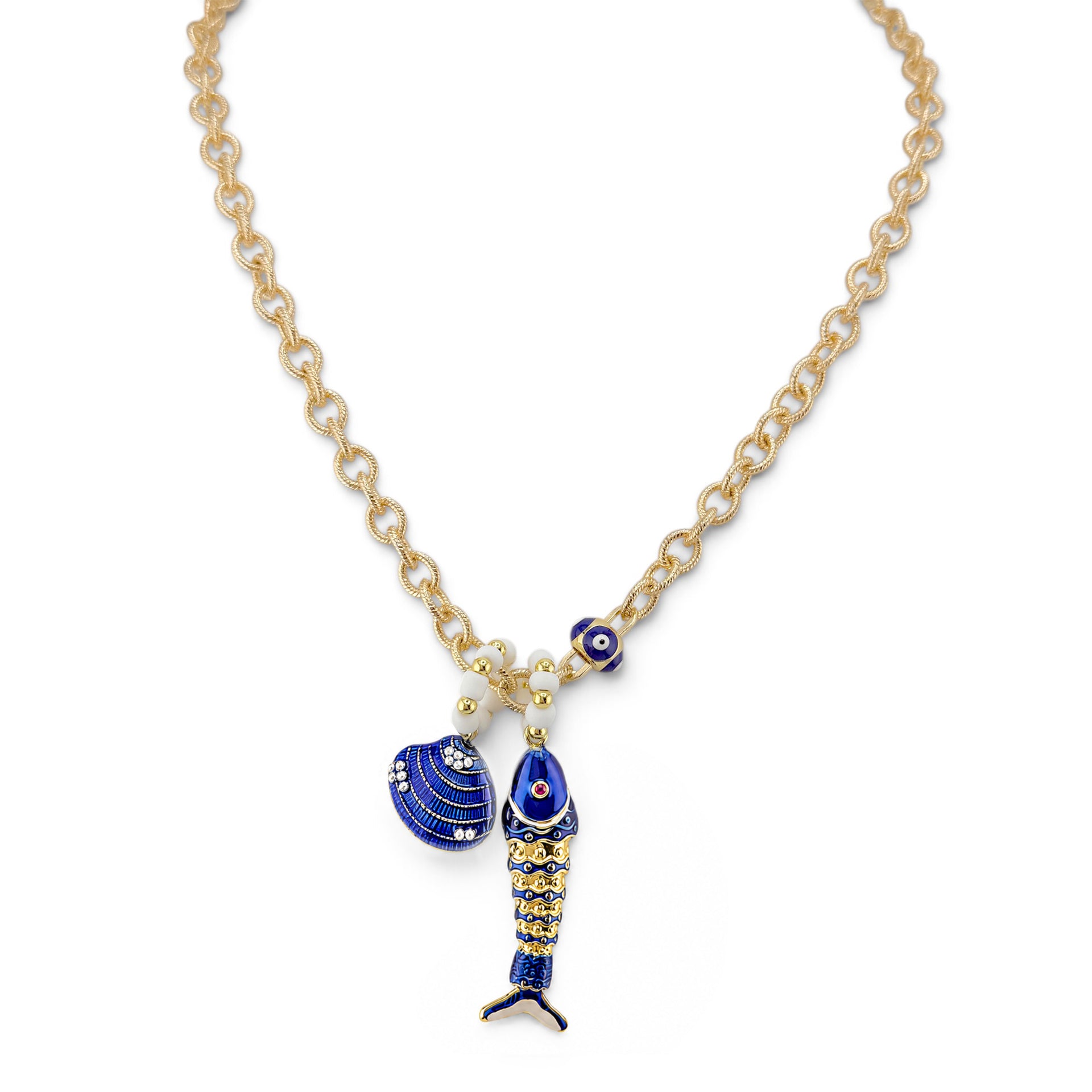Love Lisa Coastal Catch Fish Charm Necklace in blue with gold chain enamel fish charm crystal shell charm and evil eye accent