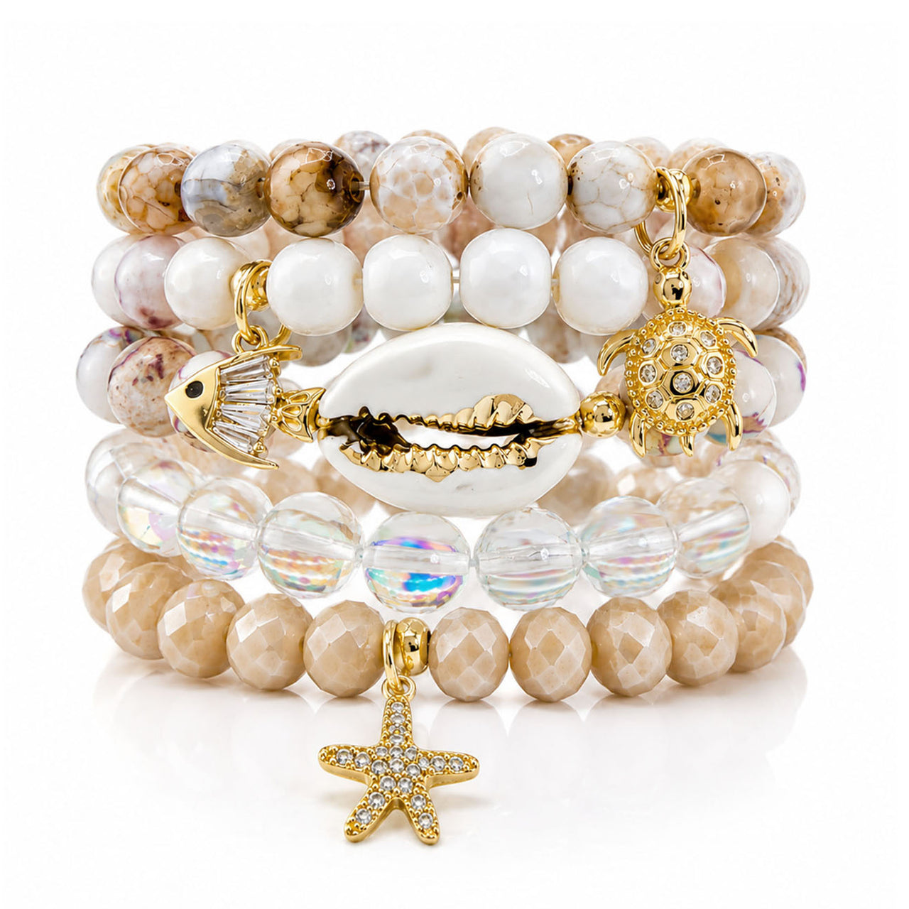 Love Lisa Coastal Sandbar bracelet stack with neutral gemstone beads iridescent rondelles shell centerpiece and gold ocean charms