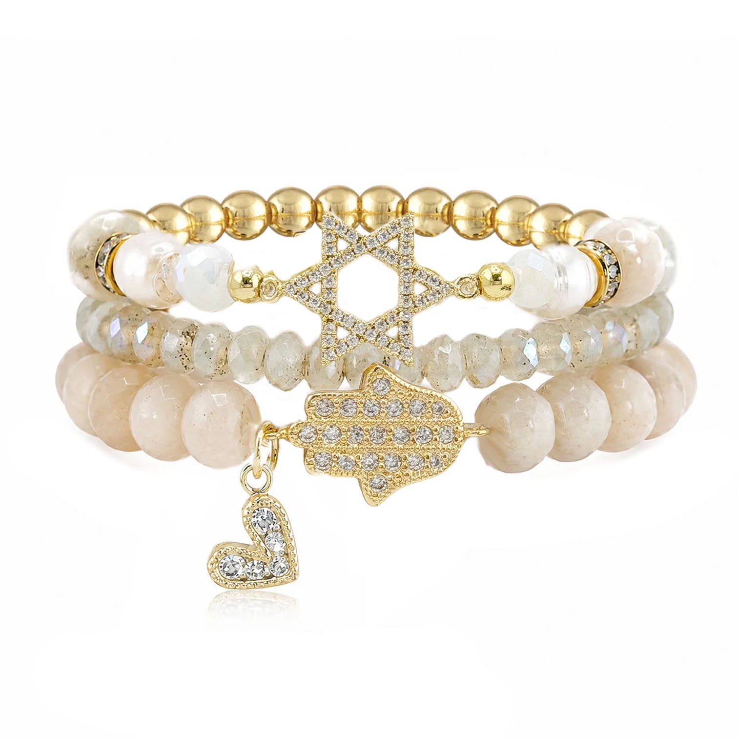 Love Lisa Coastal Star of David bracelet stack with neutral gemstone beads gold accents Hamsa charm and sparkling heart detail