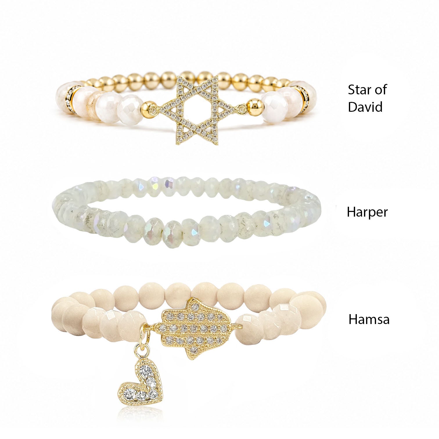 Love Lisa Coastal Star of David bracelet stack style guide showing Star of David Harper and Hamsa bracelet options